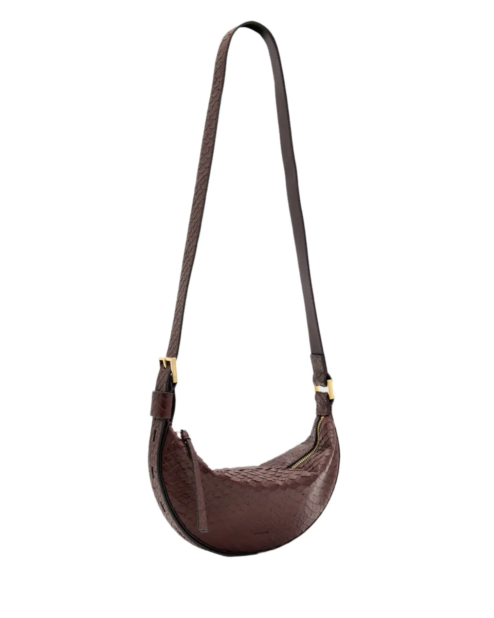 AllSaints Half Moon Snake Effect Leather Bag in Burnt Red