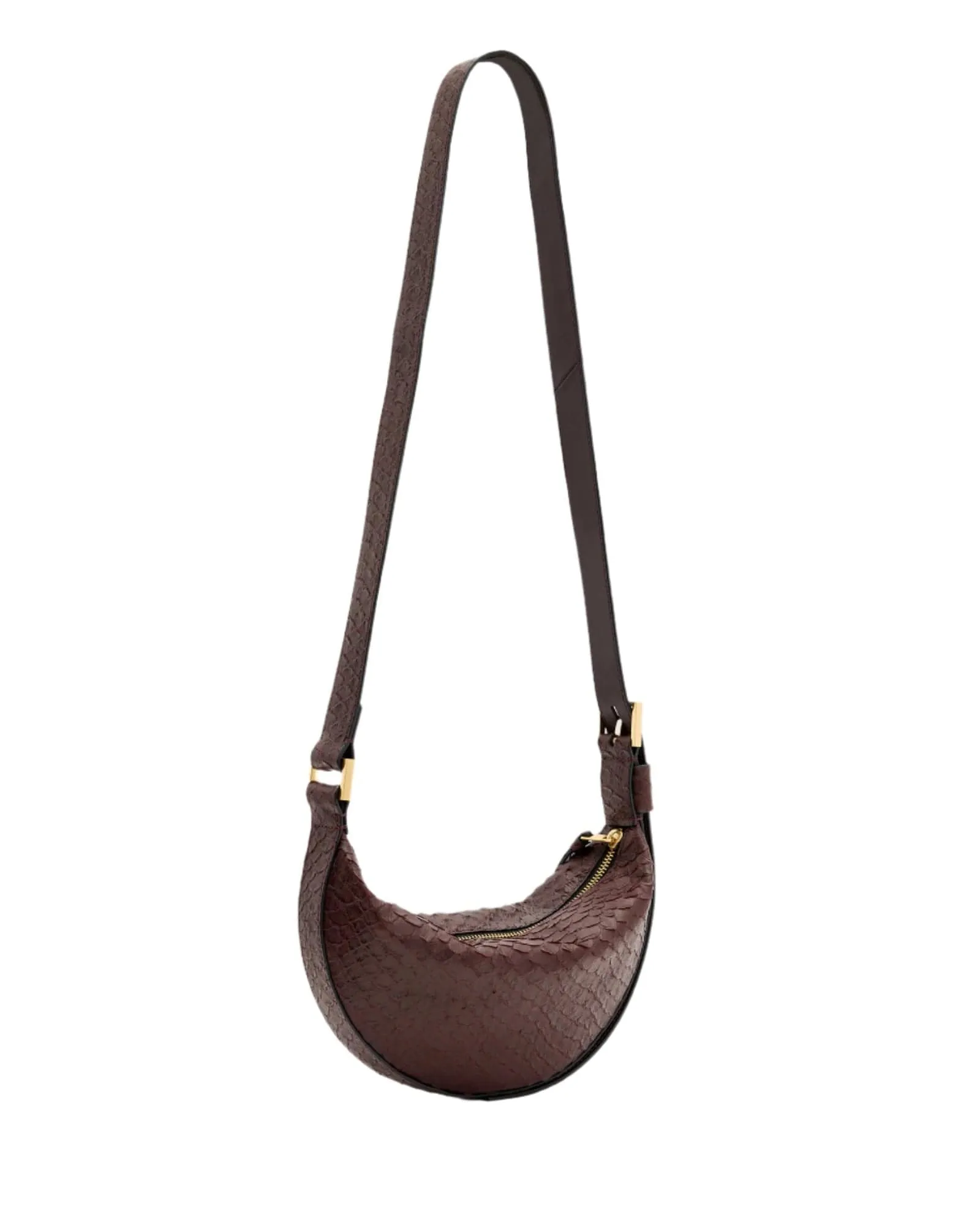 AllSaints Half Moon Snake Effect Leather Bag in Burnt Red