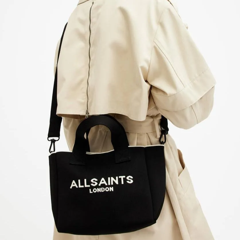 AllSaints Izzy Logo Print Knitted Mini Tote Bag in Black