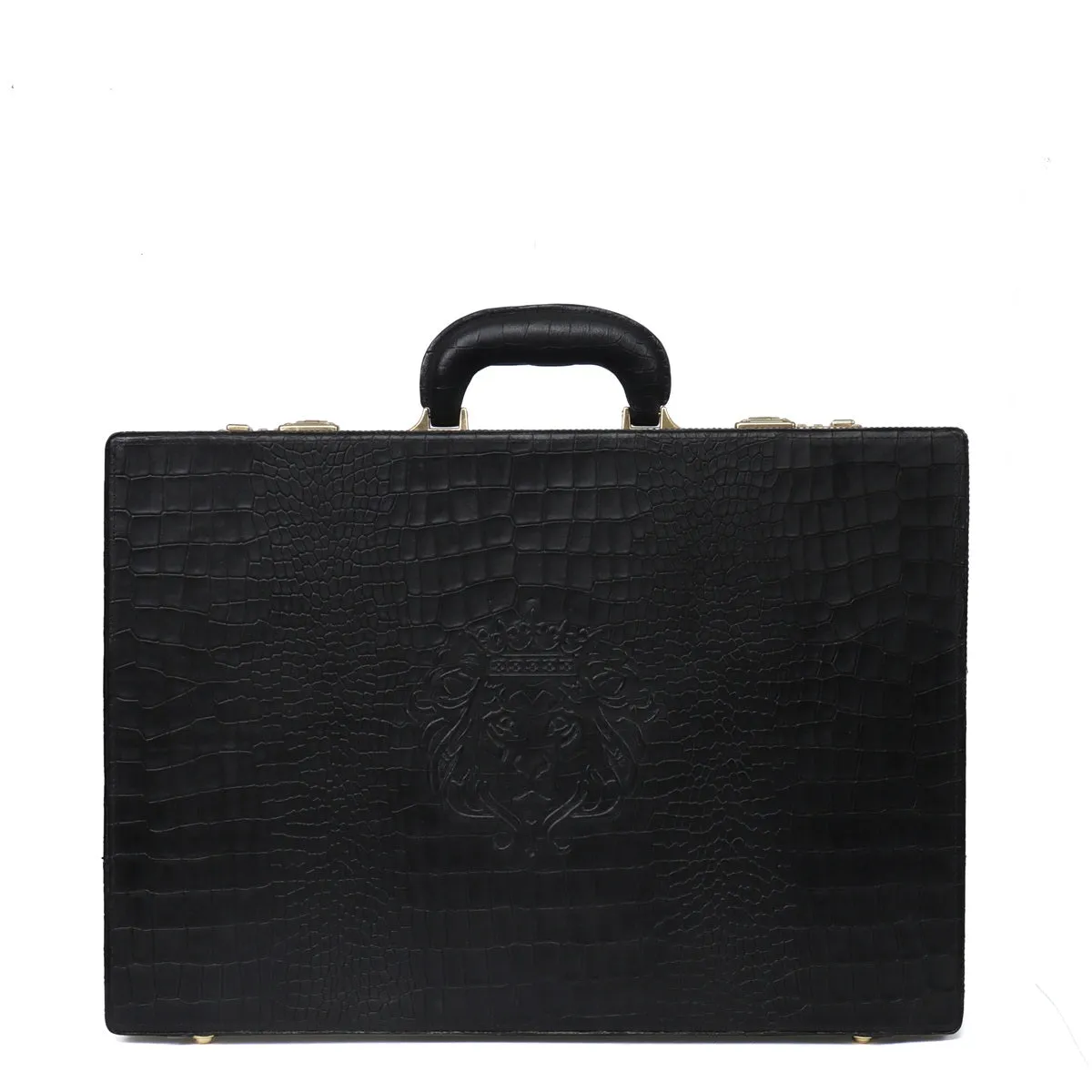 Black Office Briefcase With Secured Number Lock In Croco Textured Leather