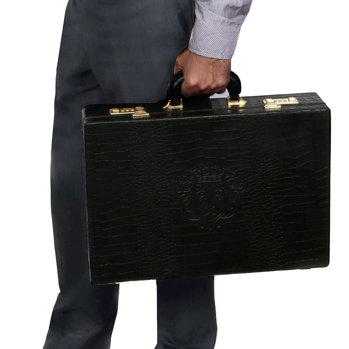 Black Office Briefcase With Secured Number Lock In Croco Textured Leather