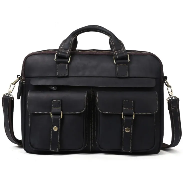 Genuine Leather Men's Retro Business Briefcase Bag for 15.6" Laptop & Accessories