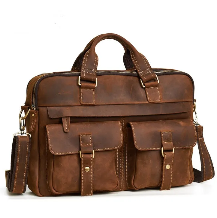 Genuine Leather Men's Retro Business Briefcase Bag for 15.6" Laptop & Accessories