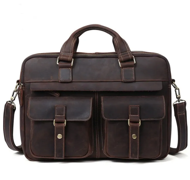 Genuine Leather Men's Retro Business Briefcase Bag for 15.6" Laptop & Accessories