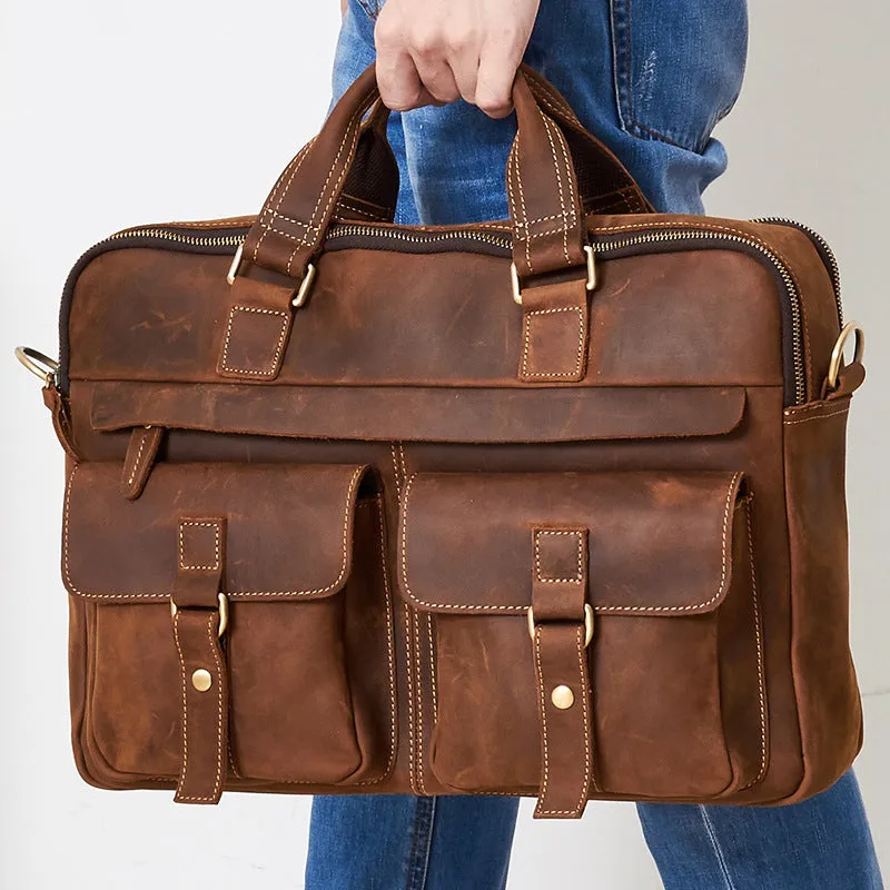 Genuine Leather Men's Retro Business Briefcase Bag for 15.6" Laptop & Accessories