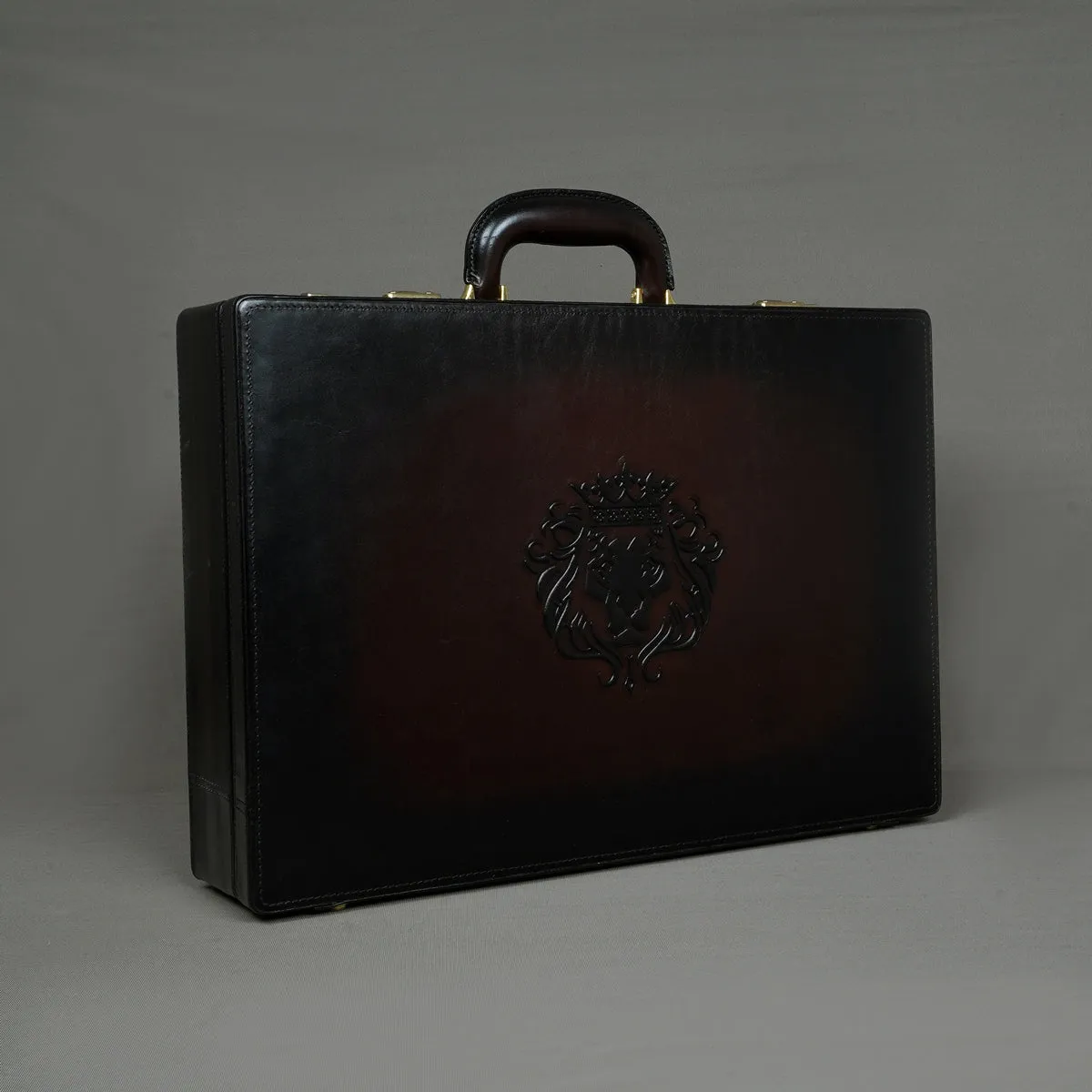 Hand Painted Office Briefcase In Dark Brown Leather Hard Case With Number Lock